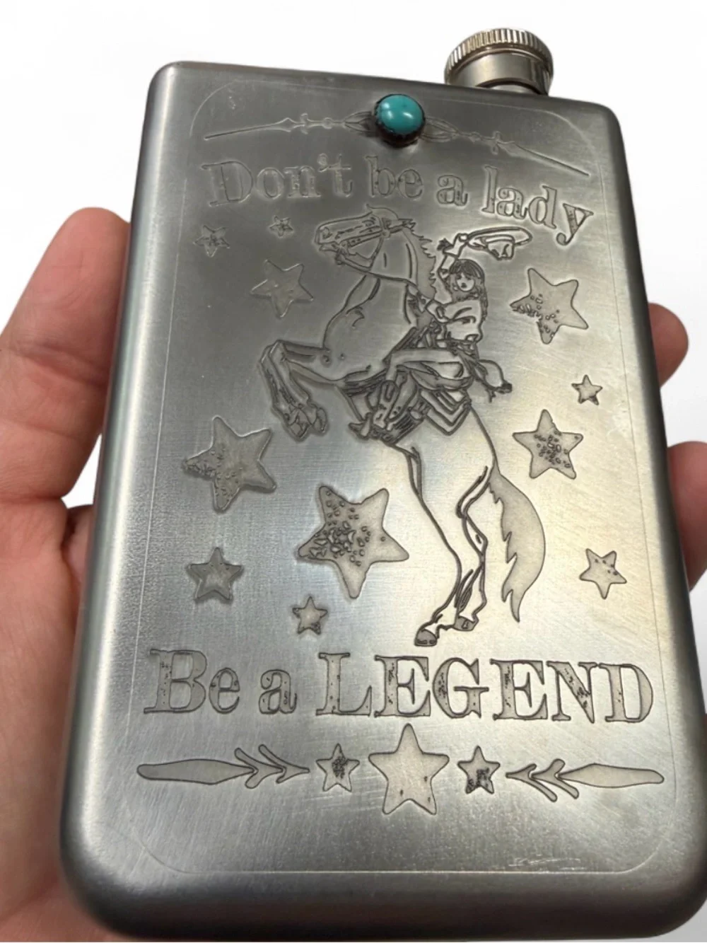 Stainless Steel 'Don't Be a Lady' Turquoise Accent Hip Flask